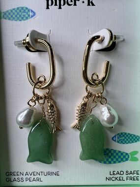 Piper K | Glass Pearl Green Aventurine Fish Hoop Earrings